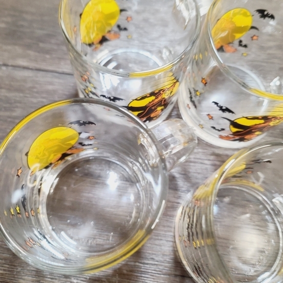 Vintage Halloween Clear Glass Witch Full Moon Bats Mug Set of 6 - Picture 11 of 11